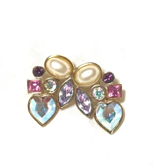 Vintage Yves Saint Laurent crystal and pearl earrings. YSL must have jewelry piece. Heart, pink, purple, pearl stones. 010312et