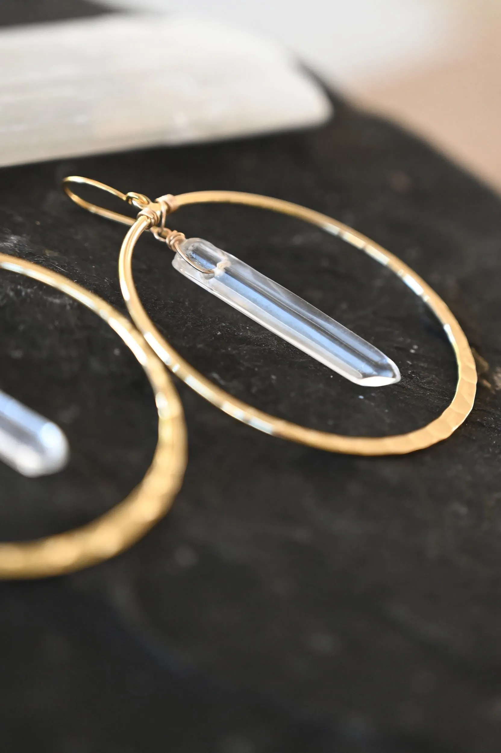 Wands of Light Quartz Gold Hoops