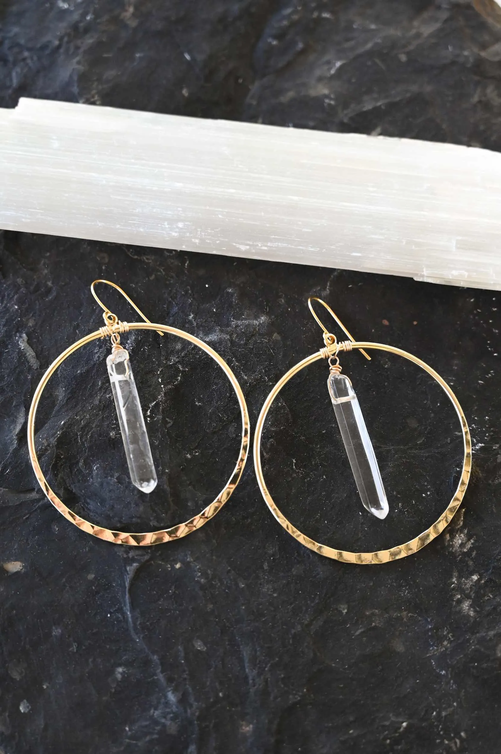 Wands of Light Quartz Gold Hoops