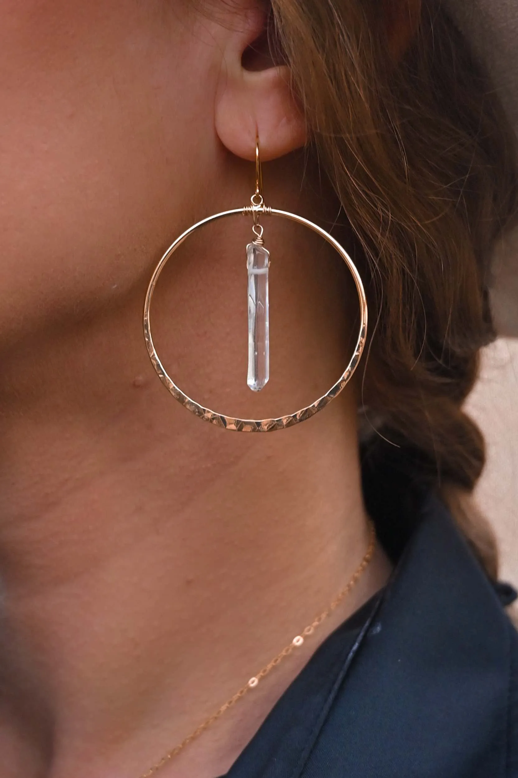 Wands of Light Quartz Gold Hoops