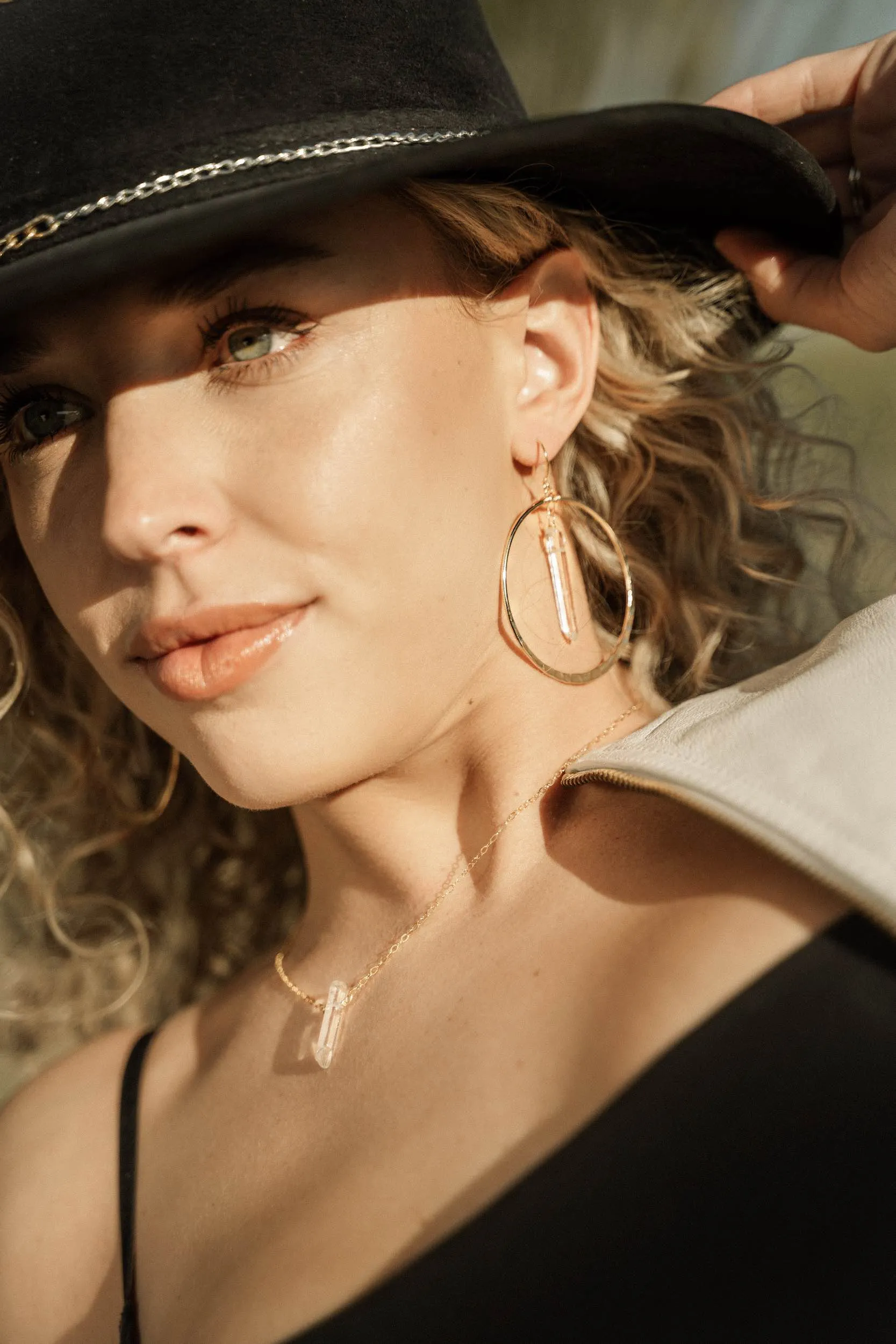 Wands of Light Quartz Gold Hoops