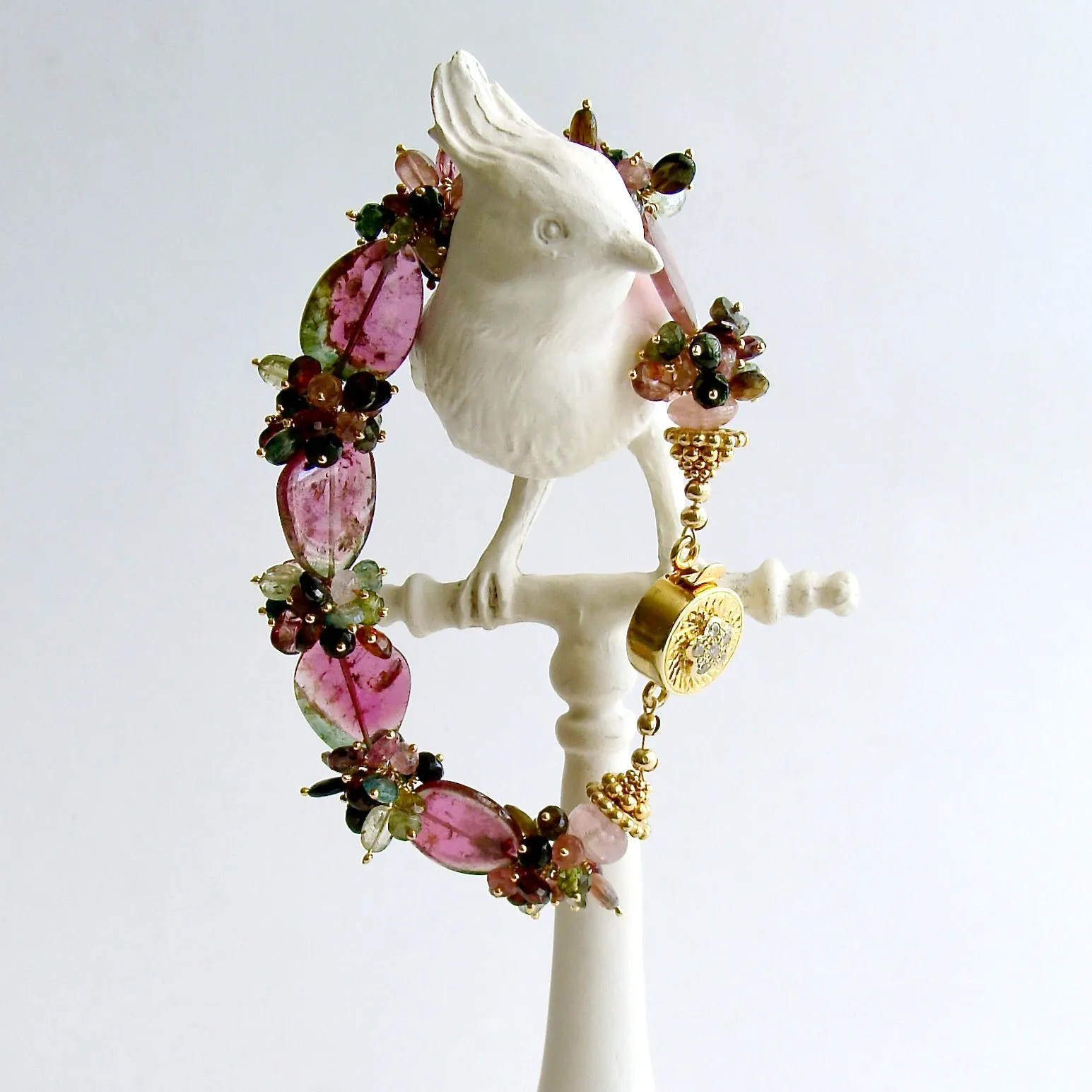 Watermelon Tourmaline Slices Tourmaline Cluster Bracelet -  Clarissa VI Bracelet