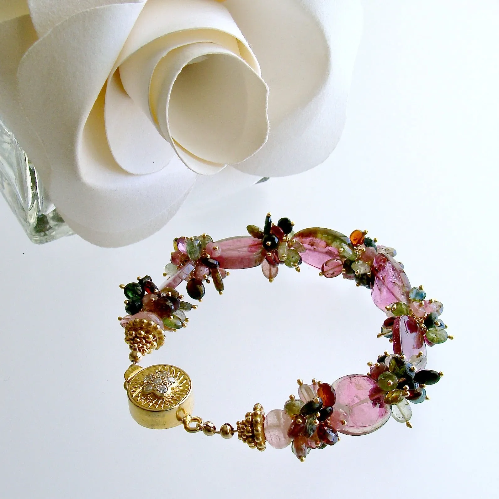 Watermelon Tourmaline Slices Tourmaline Cluster Bracelet -  Clarissa VI Bracelet