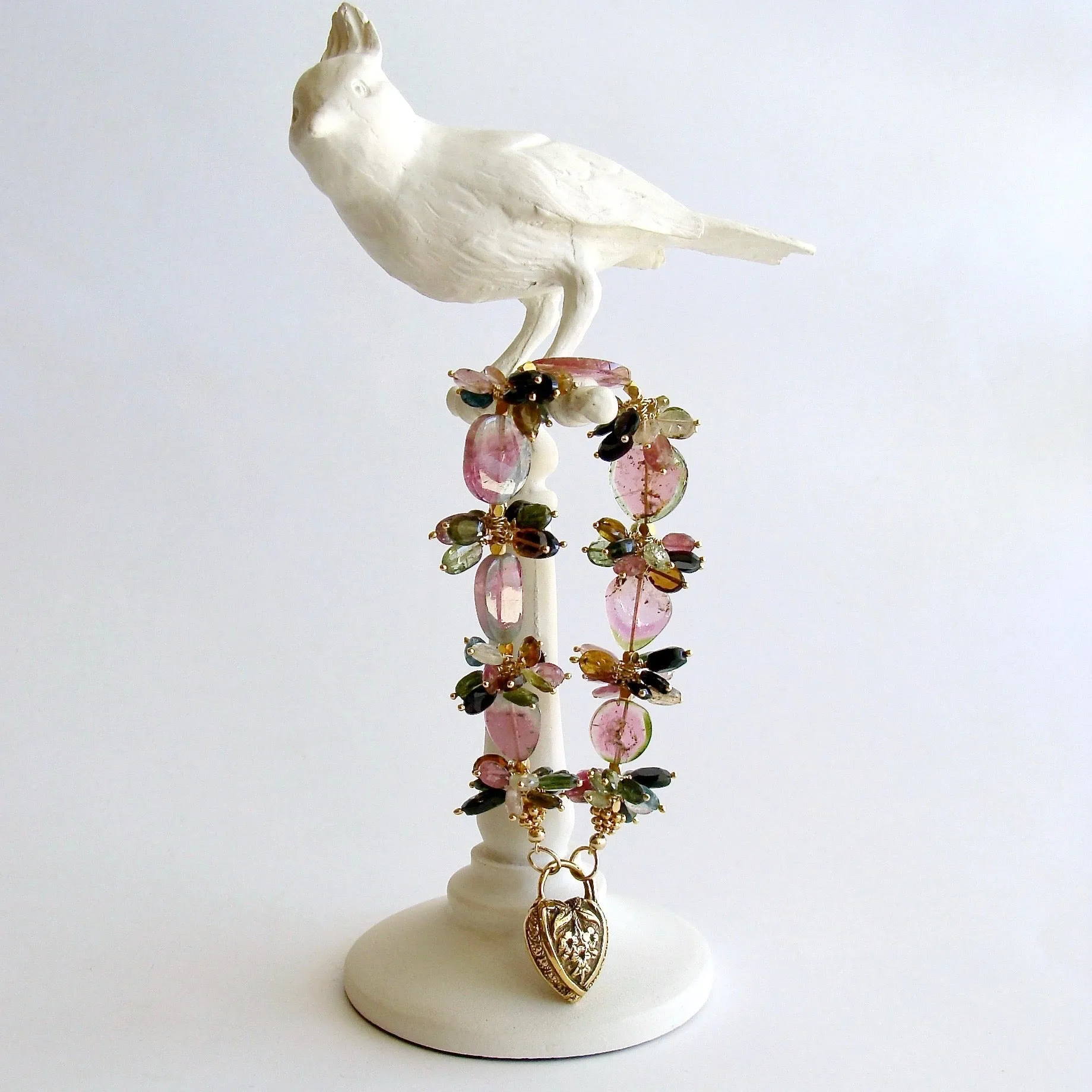 Watermelon Tourmaline Slices Tourmaline Cluster Padlock Heart Bracelet - Clarissa IV Bracelet