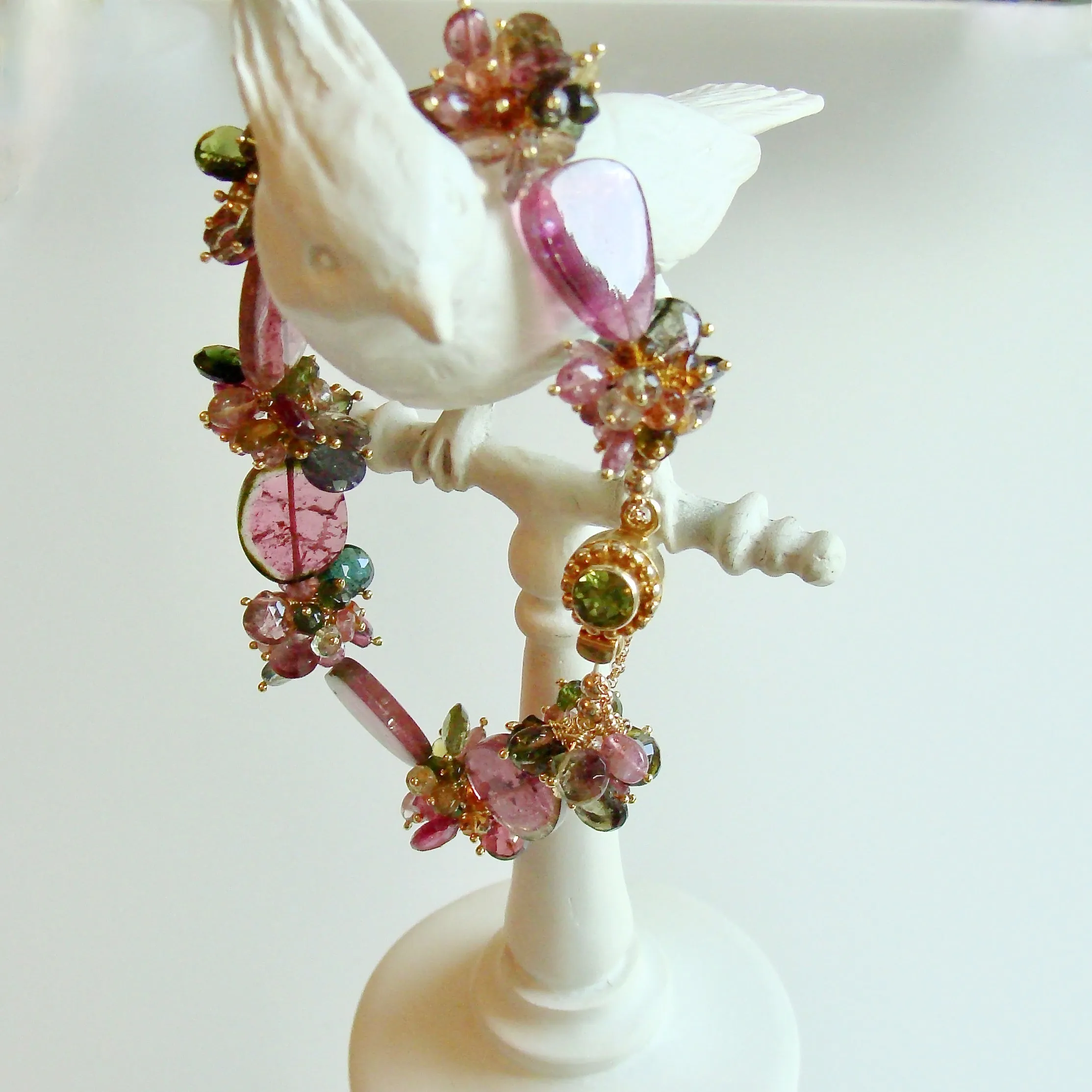 Watermelon Tourmaline W/ Clusters , Peridot Box Clasp & Safety Chain - Clarissa VIII Bracelet - Reserved for Barbara