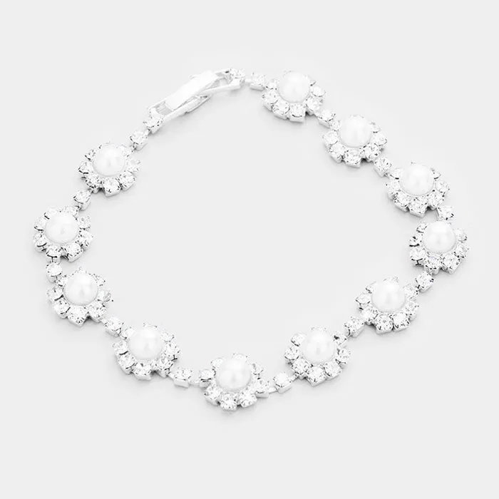 White Round Pearl & Crystal Rhinestone Rosette Evening Bracelet | 278608