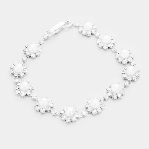 White Round Pearl & Crystal Rhinestone Rosette Evening Bracelet | 278608