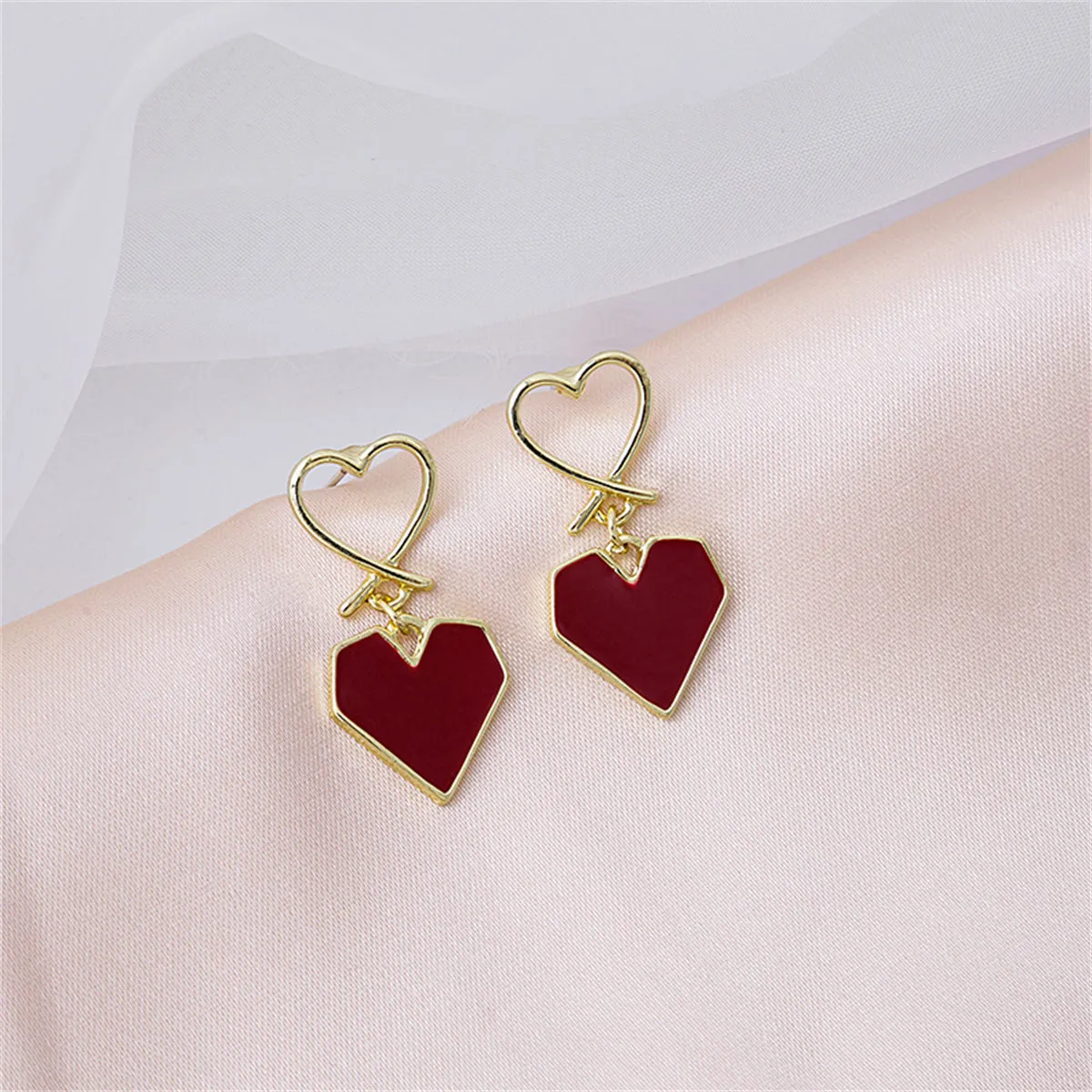 Wine Red Enamel & 18K Gold-Plated Double Heart Drop Earrings