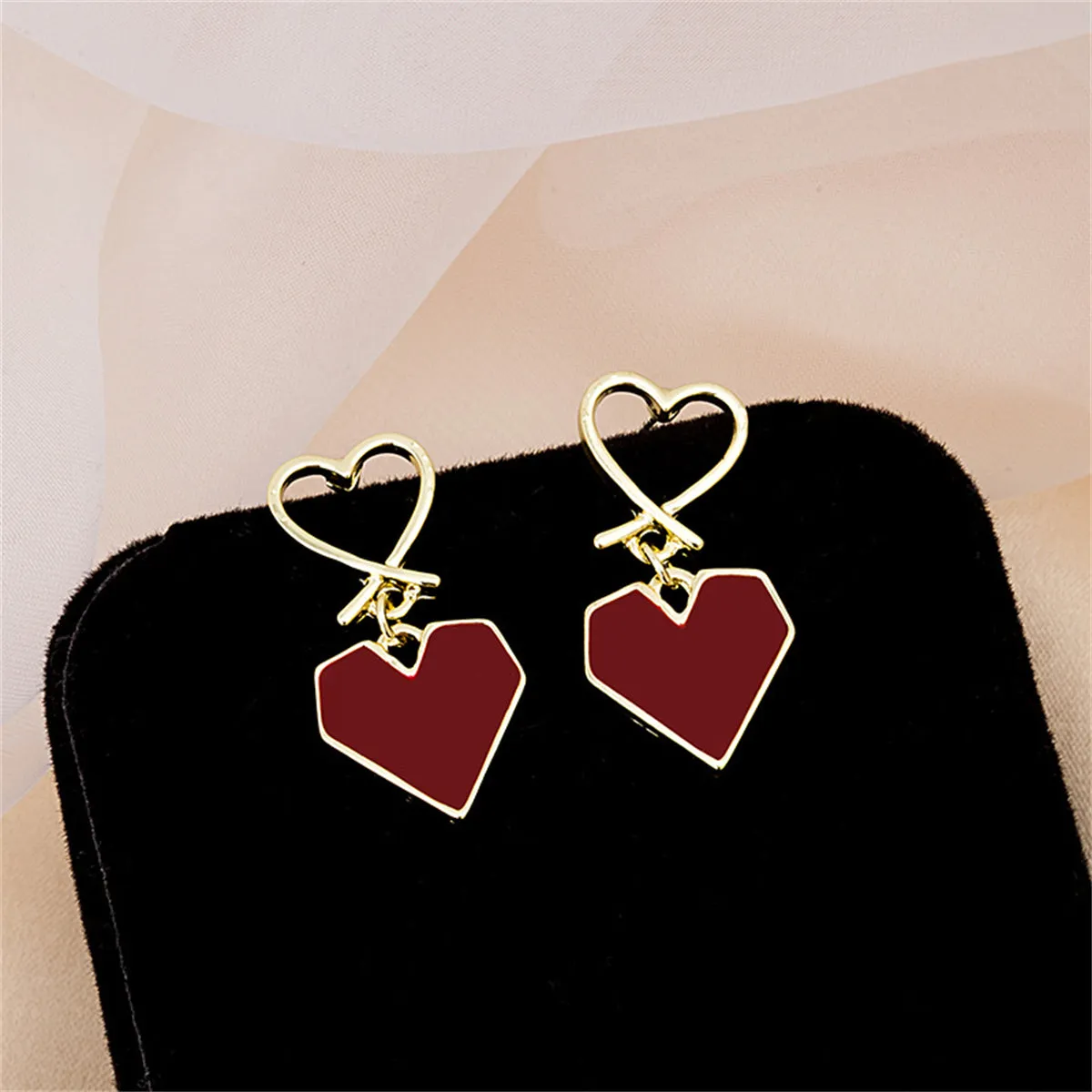 Wine Red Enamel & 18K Gold-Plated Double Heart Drop Earrings