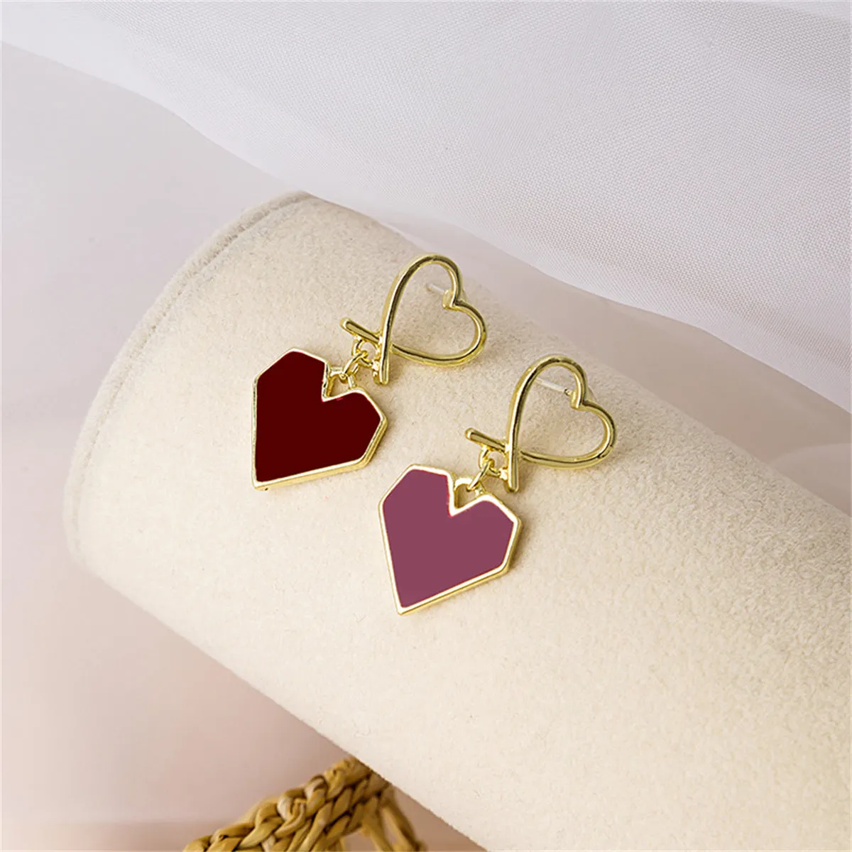 Wine Red Enamel & 18K Gold-Plated Double Heart Drop Earrings