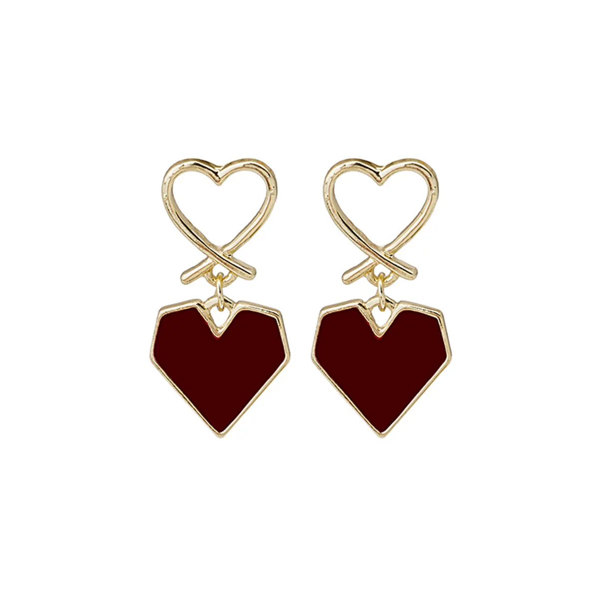 Wine Red Enamel & 18K Gold-Plated Double Heart Drop Earrings