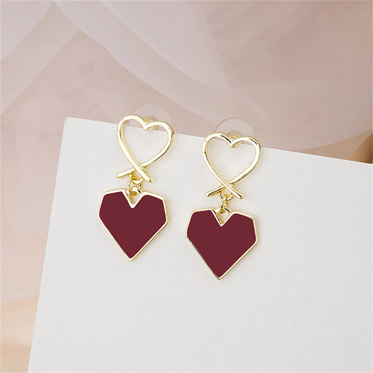 Wine Red Enamel & 18K Gold-Plated Double Heart Drop Earrings