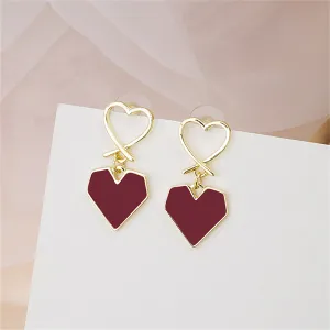 Wine Red Enamel & 18K Gold-Plated Double Heart Drop Earrings