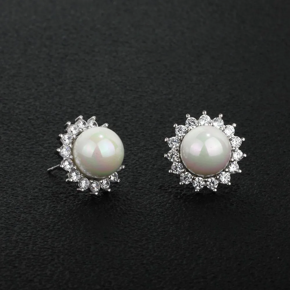 Women’s 925 Sterling Silver Stud Earrings with Simulated Pearl and Cubic Zirconia