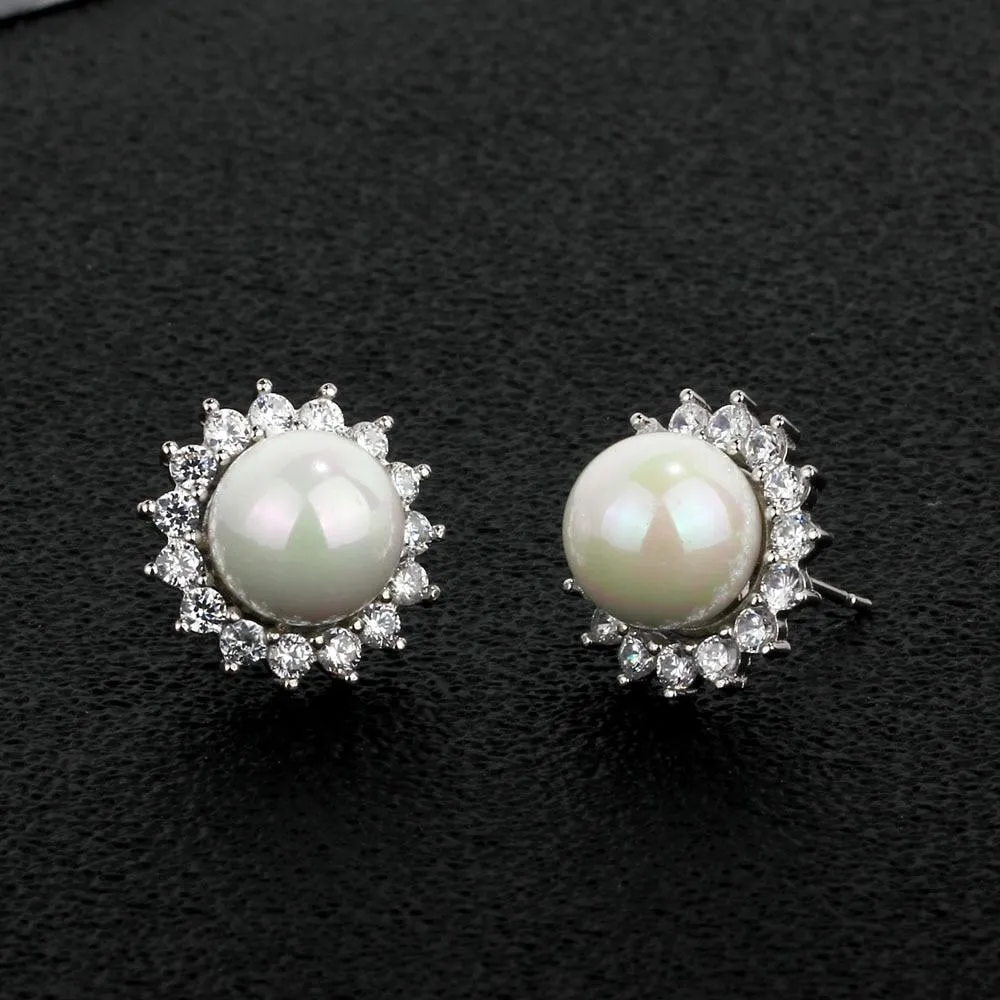 Women’s 925 Sterling Silver Stud Earrings with Simulated Pearl and Cubic Zirconia