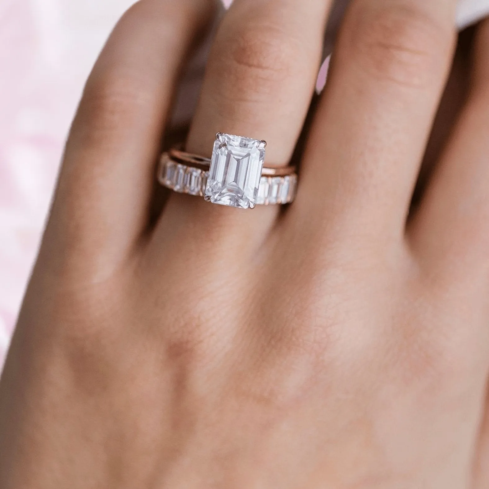 Yellow Gold 3.5ct Emerald Cut Engagement Ring & Emerald Cut Band