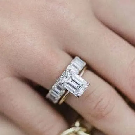 Yellow Gold 3.5ct Emerald Cut Engagement Ring & Emerald Cut Band