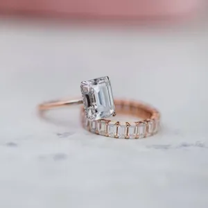 Yellow Gold 3.5ct Emerald Cut Engagement Ring & Emerald Cut Band